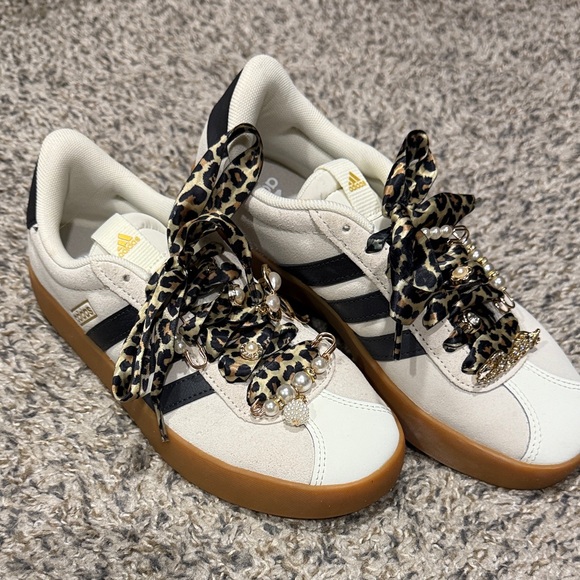 Adidas Women's Leopard Lace Charmed Sneakers - Cream, Black, and Brown - Picture 1 of 6